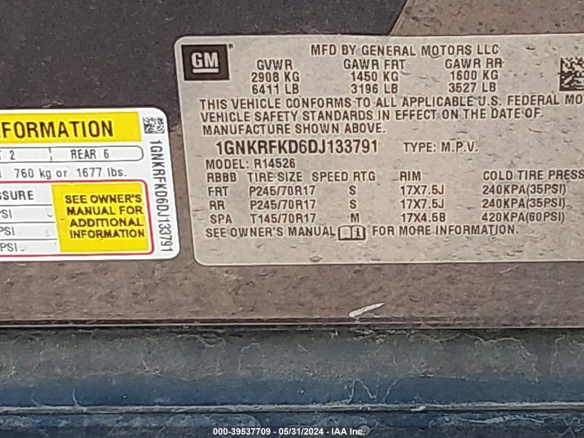 2013 Chevrolet Traverse Ls VIN: 1GNKRFKD6DJ133791 Lot: 39537709