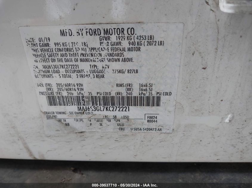 2019 Ford Ecosport Se VIN: MAJ6S3GL7KC272221 Lot: 39537710