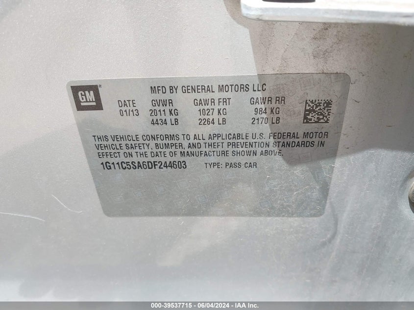 2013 Chevrolet Malibu 1Lt VIN: 1G11C5SA6DF244603 Lot: 39537715