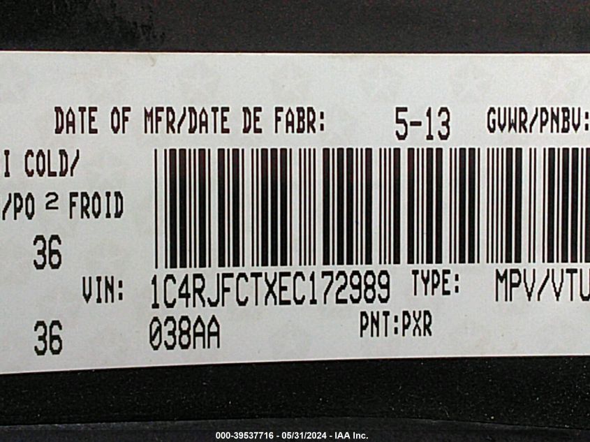 2014 Jeep Grand Cherokee Overland VIN: 1C4RJFCTXEC172989 Lot: 39537716