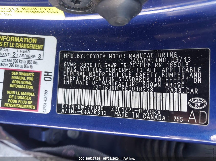 2014 Toyota Corolla S Plus VIN: 2T1BURHE8EC018258 Lot: 39537729