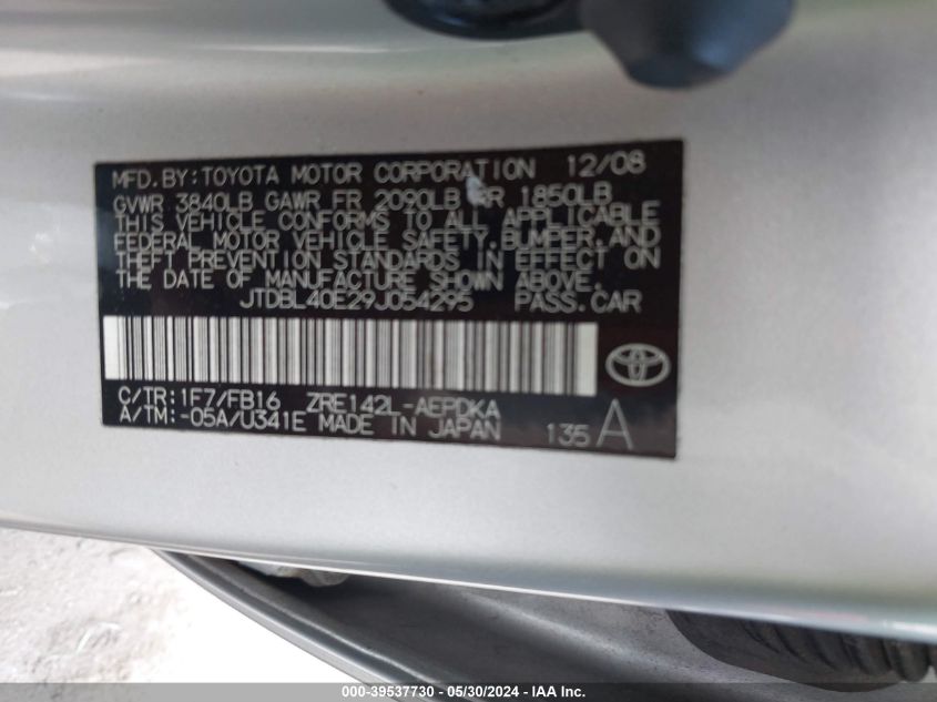 2009 Toyota Corolla Le VIN: JTDBL40E29J054295 Lot: 39537730