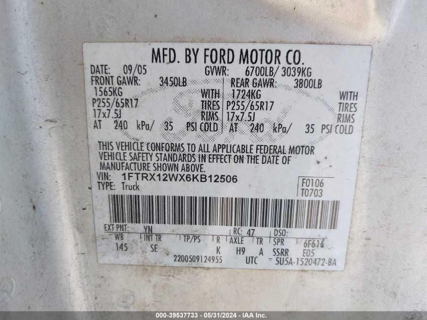 2006 Ford F-150 Stx/Xl/Xlt VIN: 1FTRX12WX6KB12506 Lot: 39537733