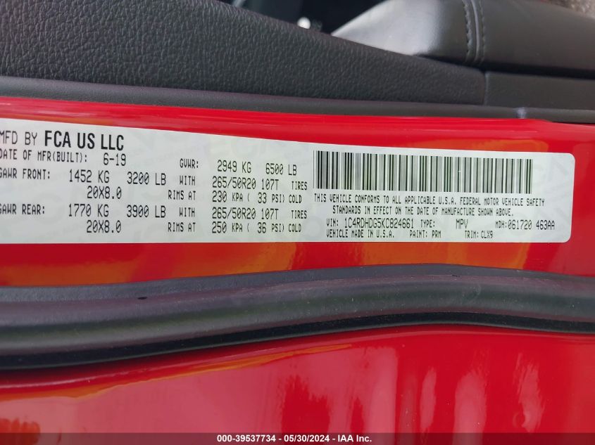 2019 Dodge Durango Gt Plus Rwd VIN: 1C4RDHDG5KC824661 Lot: 39537734