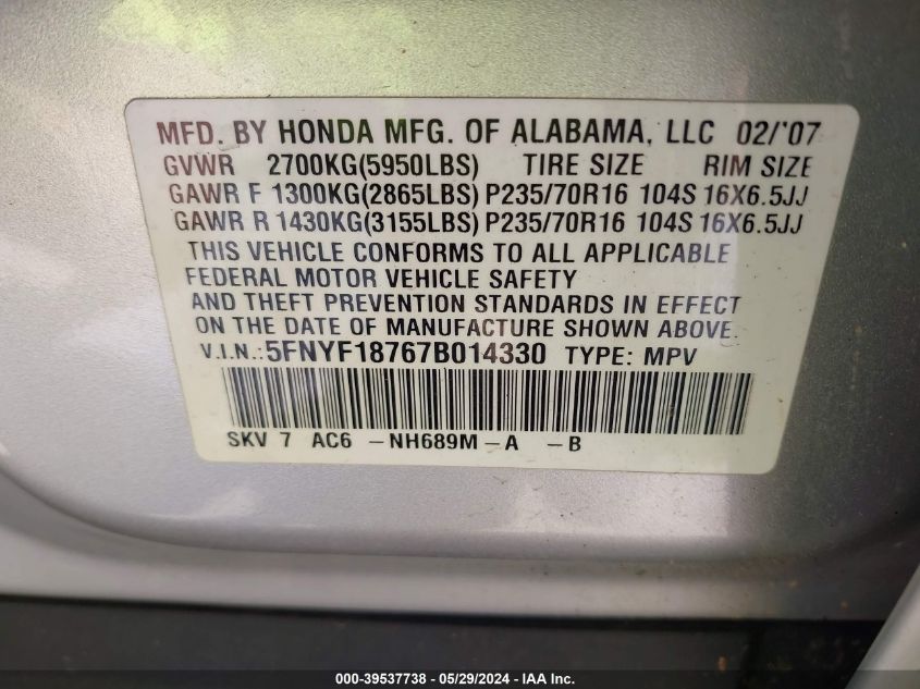 2007 Honda Pilot Ex-L VIN: 5FNYF18767B014330 Lot: 39537738