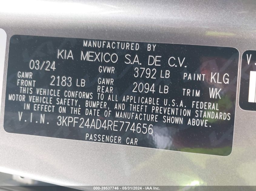 2024 Kia Forte Lx/Lxs VIN: 3KPF24AD4RE774656 Lot: 39537746