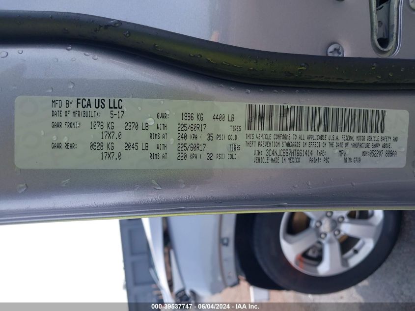 2017 Jeep New Compass Latitude Fwd VIN: 3C4NJCBB7HT661414 Lot: 39537747