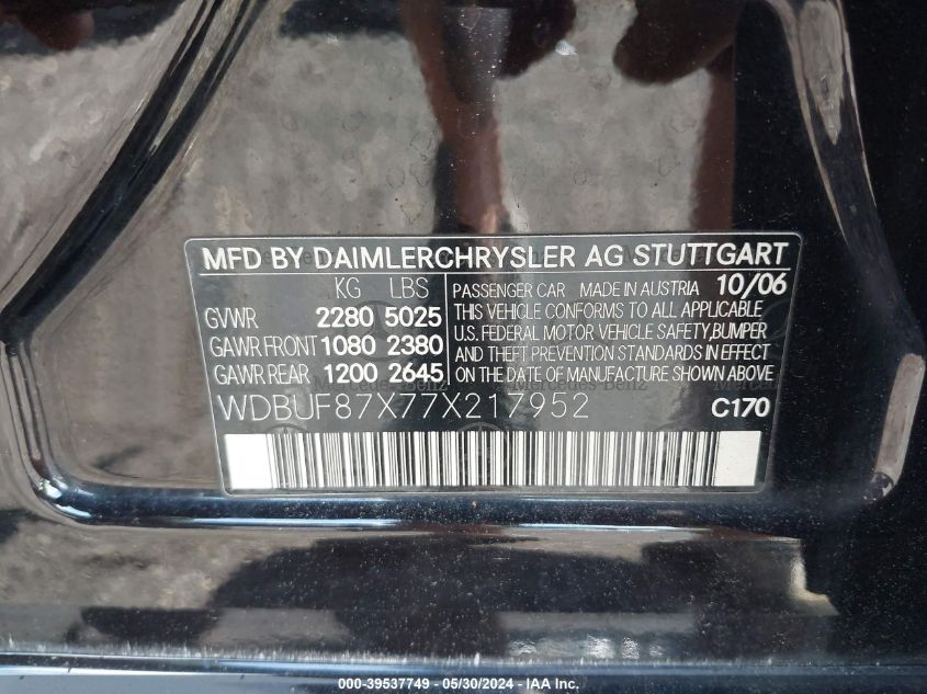 2007 Mercedes-Benz E 350 4Matic VIN: WDBUF87X77X217952 Lot: 39537749