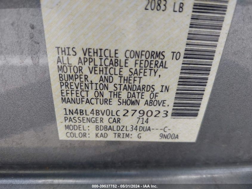 2020 Nissan Altima S Fwd VIN: 1N4BL4BV0LC279023 Lot: 39537752