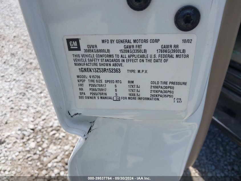 2003 Chevrolet Tahoe Z71 VIN: 1GNEK13Z53R152363 Lot: 39537764