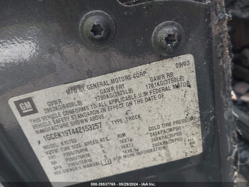 2004 Chevrolet Silverado 1500 Z71 VIN: 1GCEK19T44Z153257 Lot: 39537765