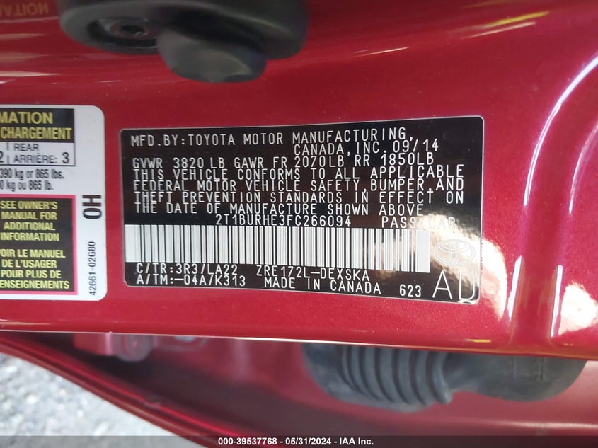 2015 Toyota Corolla S Premium VIN: 2T1BURHE3FC266094 Lot: 39537768