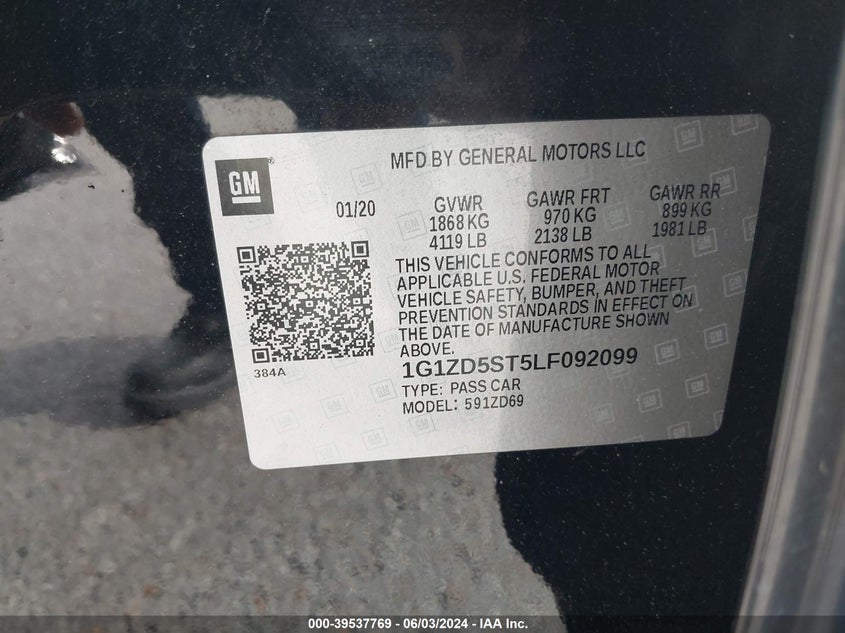 2020 Chevrolet Malibu Fwd Lt VIN: 1G1ZD5ST5LF092099 Lot: 39537769
