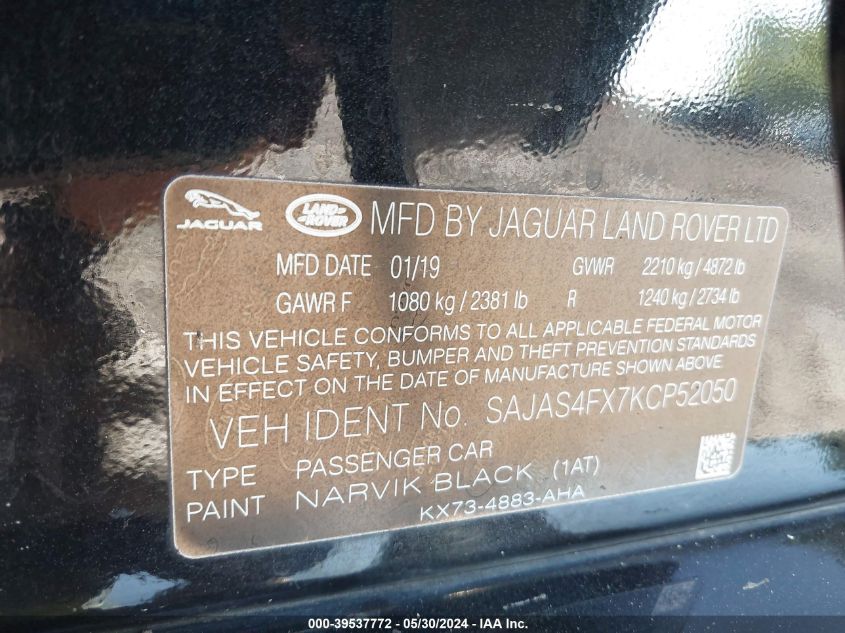 2019 Jaguar Xe 25T VIN: SAJAS4FX7KCP52050 Lot: 39537772