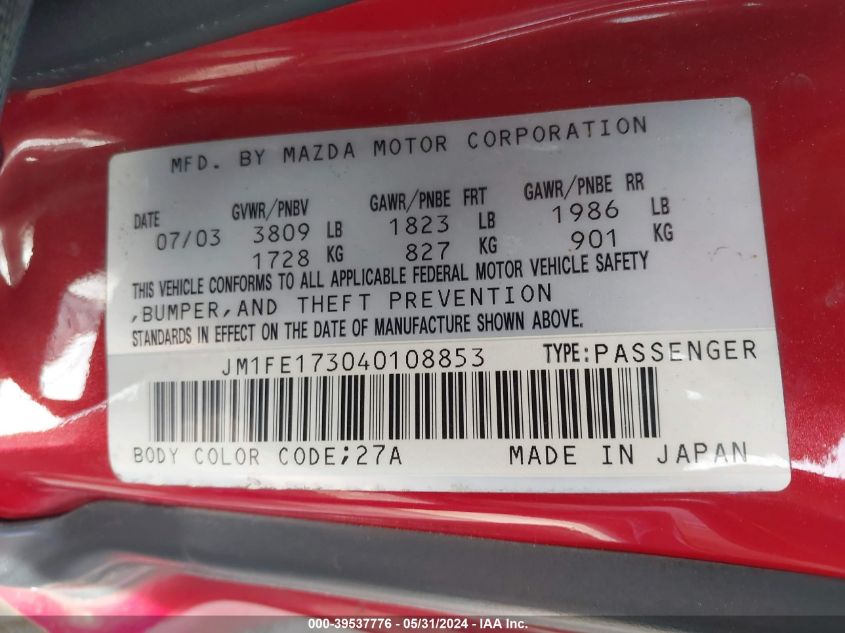 2004 Mazda Rx-8 6 Speed Manual VIN: JM1FE173040108853 Lot: 39537776