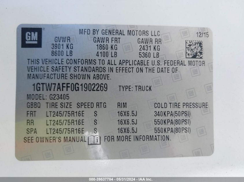 2016 GMC Savana 2500 Work Van VIN: 1GTW7AFF0G1902269 Lot: 39537784