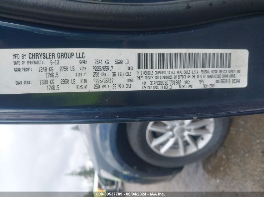 2013 Dodge Journey Sxt VIN: 3C4PDDBG0DT731802 Lot: 39537789