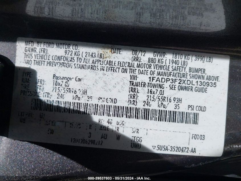 2013 Ford Focus Se VIN: 1FADP3F2XDL130935 Lot: 39537803