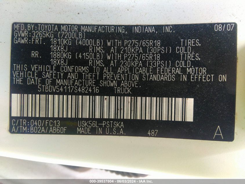 2007 Toyota Tundra Sr5 5.7L V8 VIN: 5TBDV54117S482416 Lot: 39537804