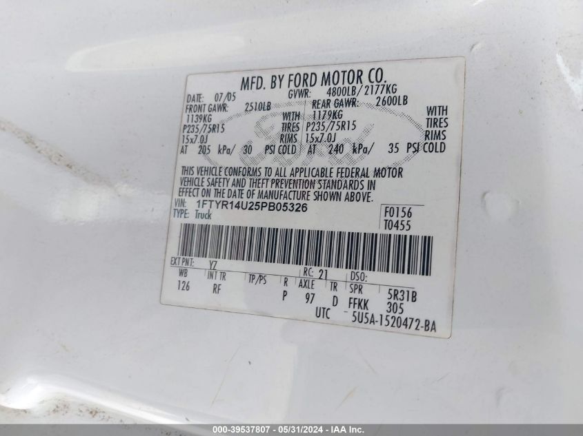 2005 Ford Ranger Edge/Stx/Xl/Xlt VIN: 1FTYR14U25PB05326 Lot: 39537807