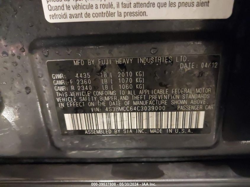 2012 Subaru Legacy 2.5I Premium VIN: 4S3BMCC64C3039000 Lot: 39537808