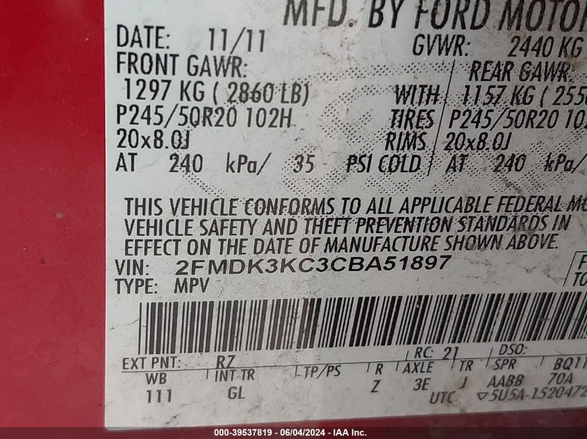 2012 Ford Edge Limited VIN: 2FMDK3KC3CBA51897 Lot: 39537819