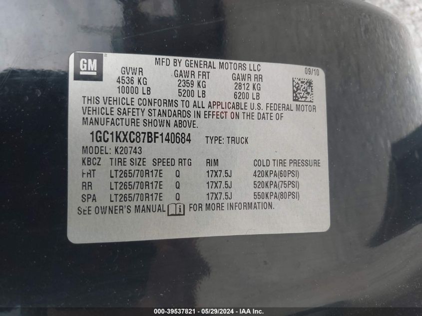 2011 Chevrolet Silverado 2500Hd Lt VIN: 1GC1KXC87BF140684 Lot: 39537821