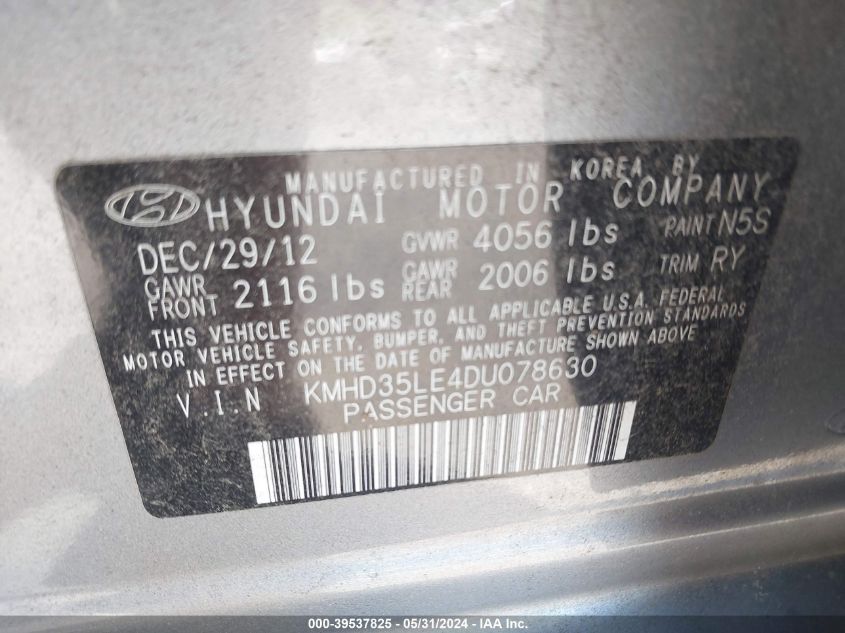 2013 Hyundai Elantra Gt VIN: KMHD35LE4DU078630 Lot: 39537825