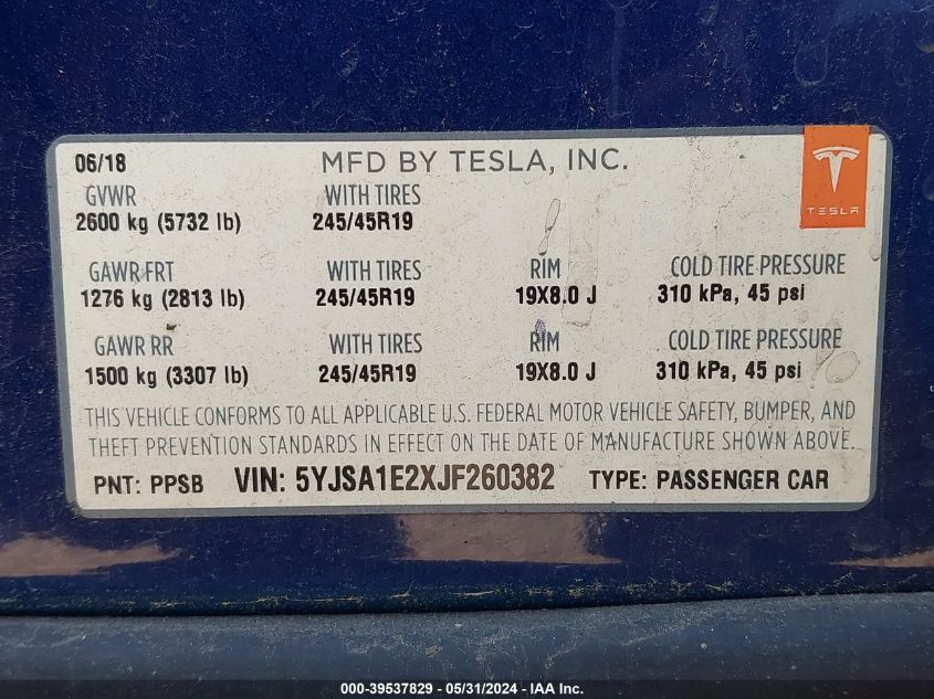 2018 Tesla Model S 100D/75D/P100D VIN: 5YJSA1E2XJF260382 Lot: 39537829