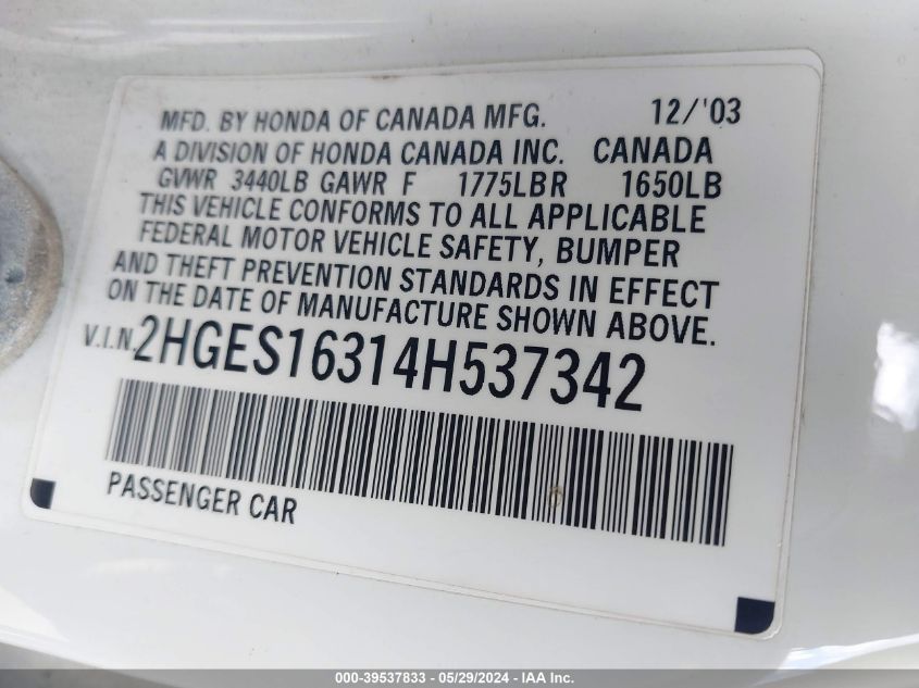 2004 Honda Civic Vp VIN: 2HGES16314H537342 Lot: 39537833