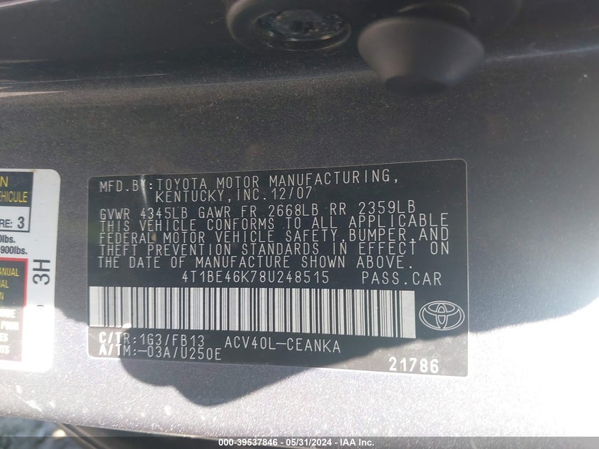 2008 Toyota Camry Le VIN: 4T1BE46K78U248515 Lot: 39537846