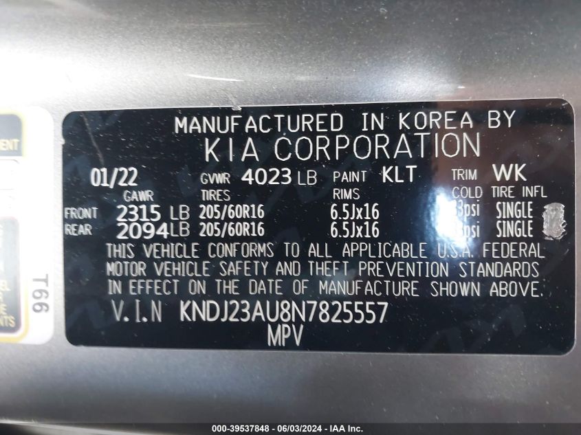 2022 Kia Soul Lx VIN: KNDJ23AU8N7825557 Lot: 39537848