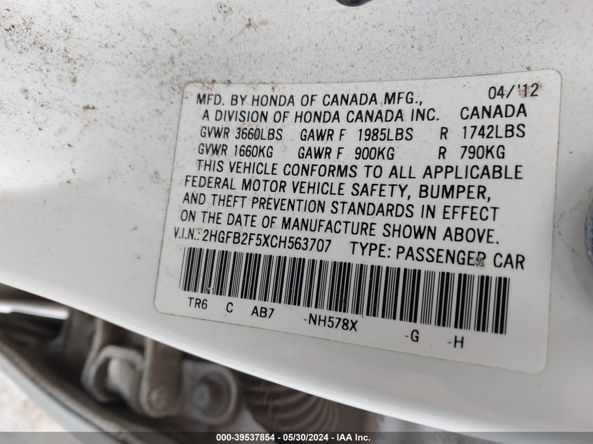 2012 Honda Civic Lx VIN: 2HGFB2F5XCH563707 Lot: 39537854