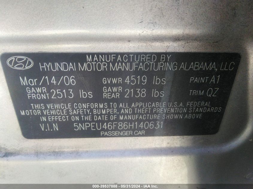 5NPEU46F86H140631 | 2006 HYUNDAI SONATA