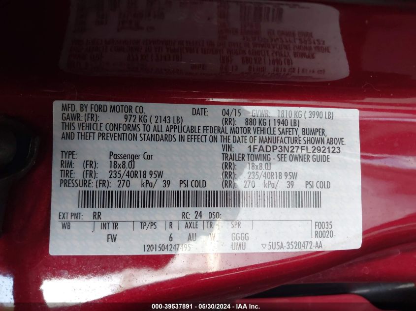 2015 Ford Focus Titanium VIN: 1FADP3N27FL292123 Lot: 39537891