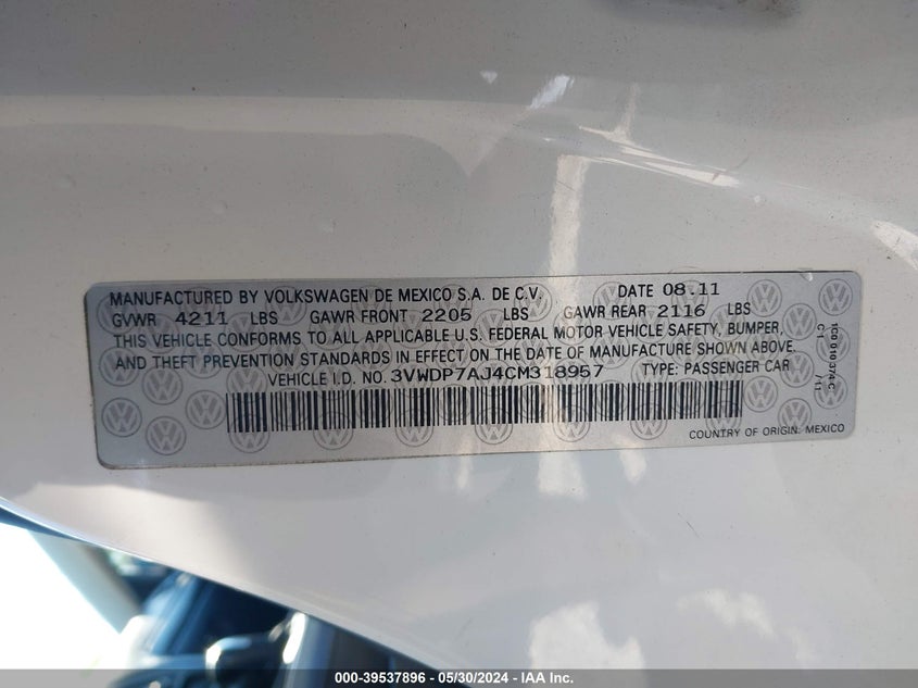 2012 Volkswagen Jetta 2.5L Se VIN: 3VWDP7AJ4CM318957 Lot: 39537896