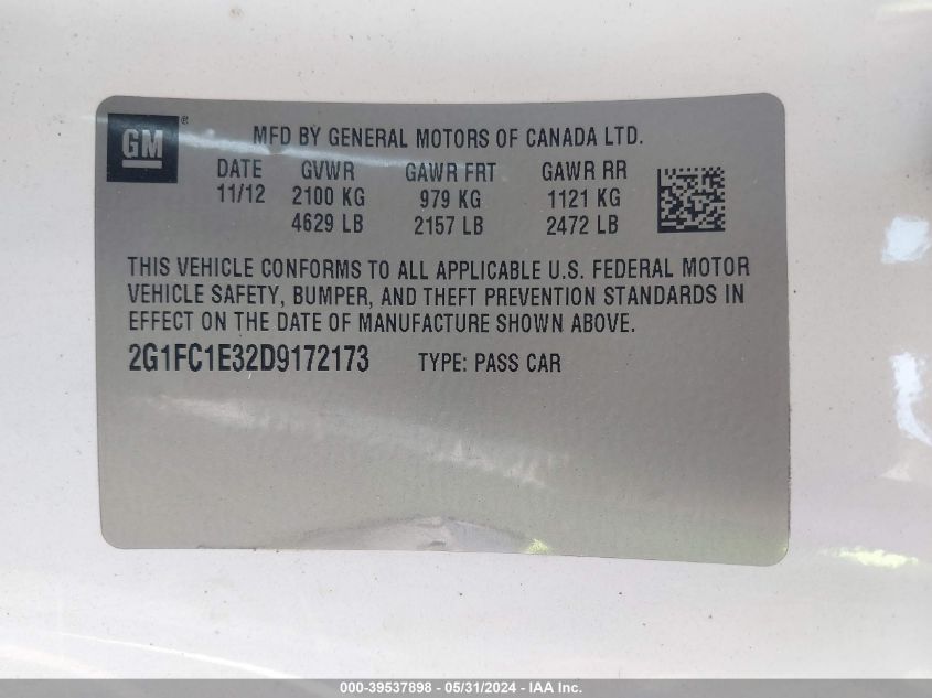 2013 Chevrolet Camaro 2Lt VIN: 2G1FC1E32D9172173 Lot: 39537898