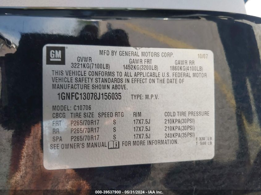 2008 Chevrolet Tahoe Lt VIN: 1GNFC13078J156035 Lot: 39537900