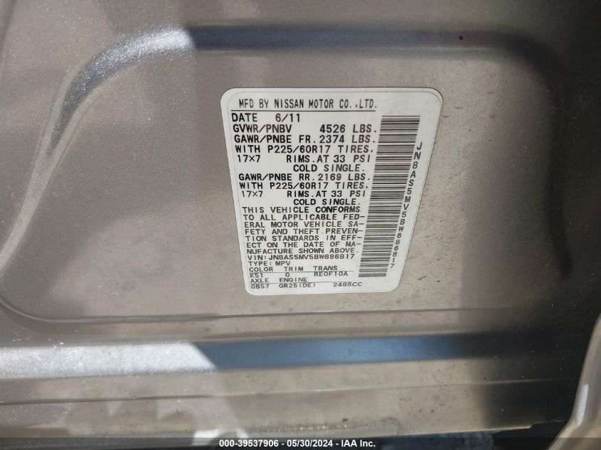 2011 Nissan Rogue Sv VIN: JN8AS5MV5BW686817 Lot: 39537906