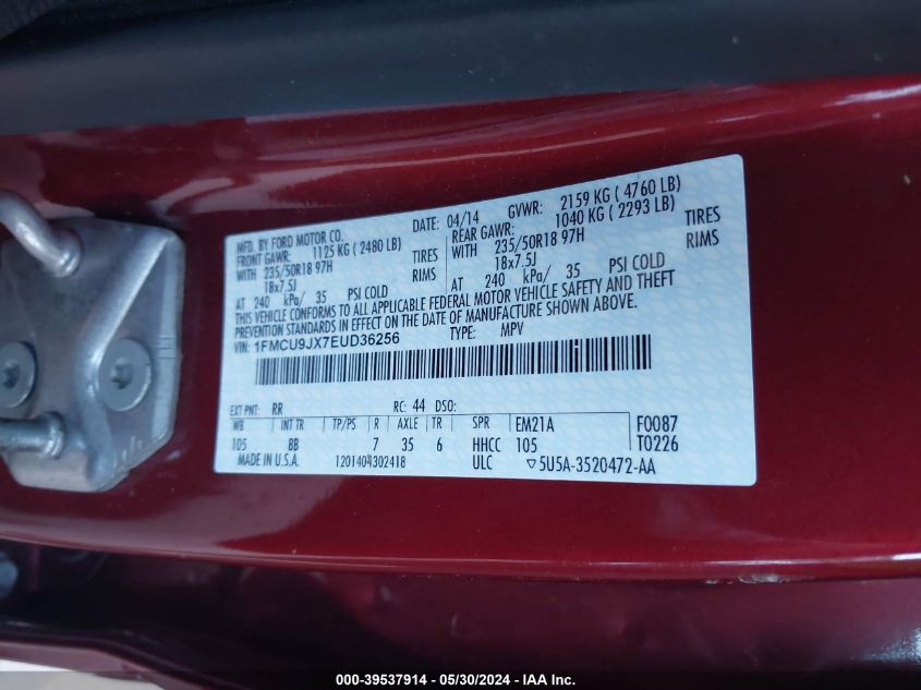 2014 Ford Escape Titanium VIN: 1FMCU9JX7EUD36256 Lot: 39537914