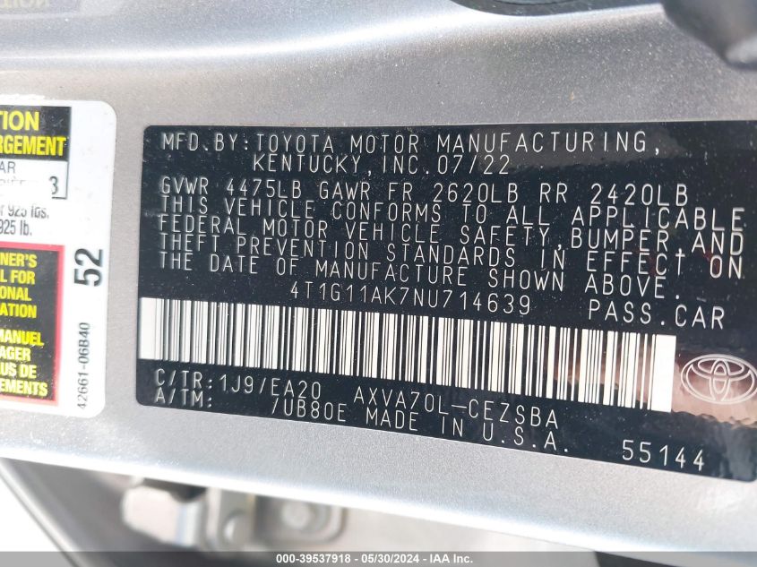 2022 Toyota Camry Se VIN: 4T1G11AK7NU714639 Lot: 39537918