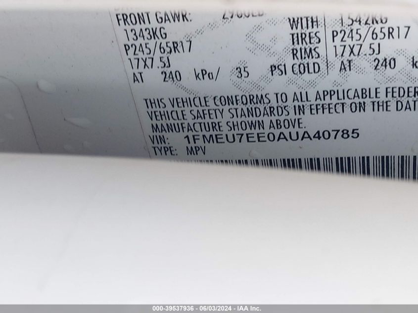 2010 Ford Explorer Eddie Bauer VIN: 1FMEU7EE0AUA40785 Lot: 39537936