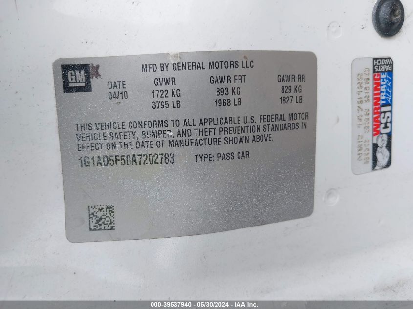 2010 Chevrolet Cobalt Lt VIN: 1G1AD5F50A7202783 Lot: 39537940