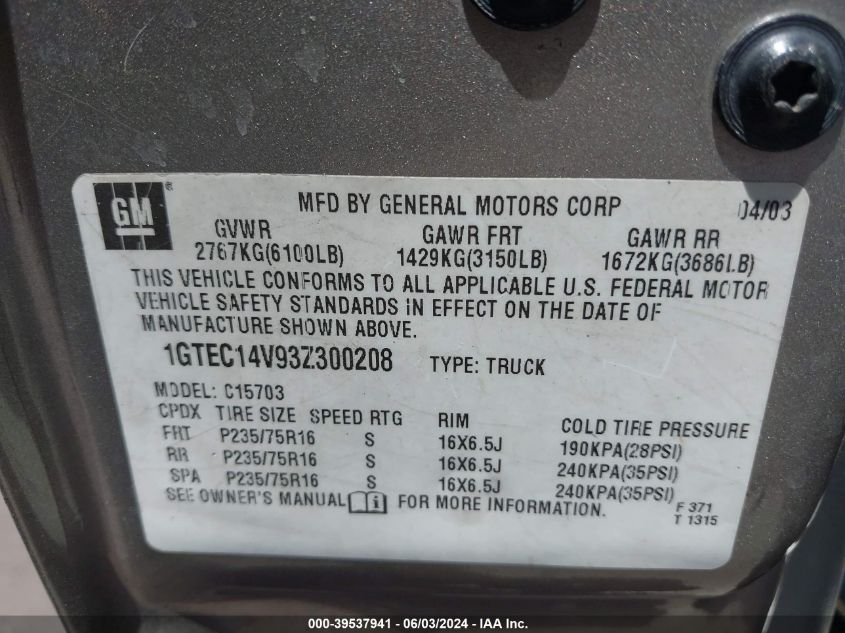 2003 GMC Sierra 1500 VIN: 1GTEC14V93Z300208 Lot: 39537941