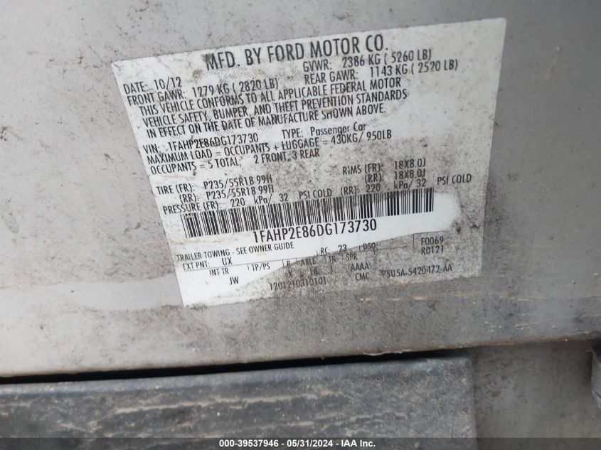 2013 Ford Taurus Sel VIN: 1FAHP2E86DG173730 Lot: 39537946