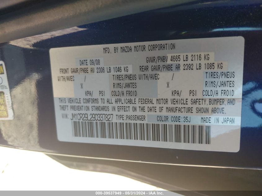 2009 Mazda Mazda5 Sport VIN: JM1CR29L290337827 Lot: 39537949