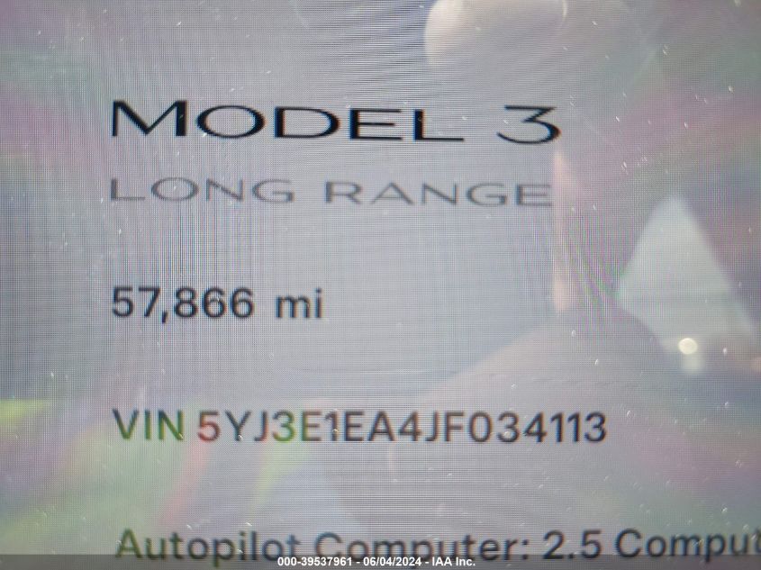 2018 Tesla Model 3 Long Range/Mid Range VIN: 5YJ3E1EA4JF034113 Lot: 39537961