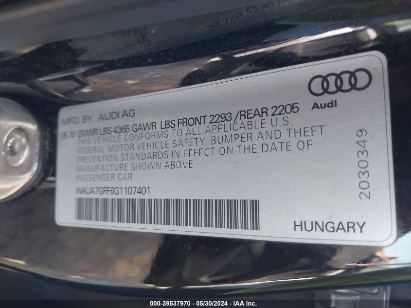 2016 Audi A3 Premium VIN: WAUA7GFF6G1107401 Lot: 39537970
