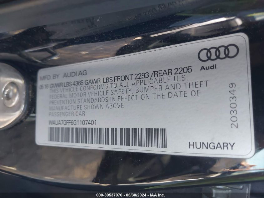 2016 Audi A3 1.8T Premium VIN: WAUA7GFF6G1107401 Lot: 39537970