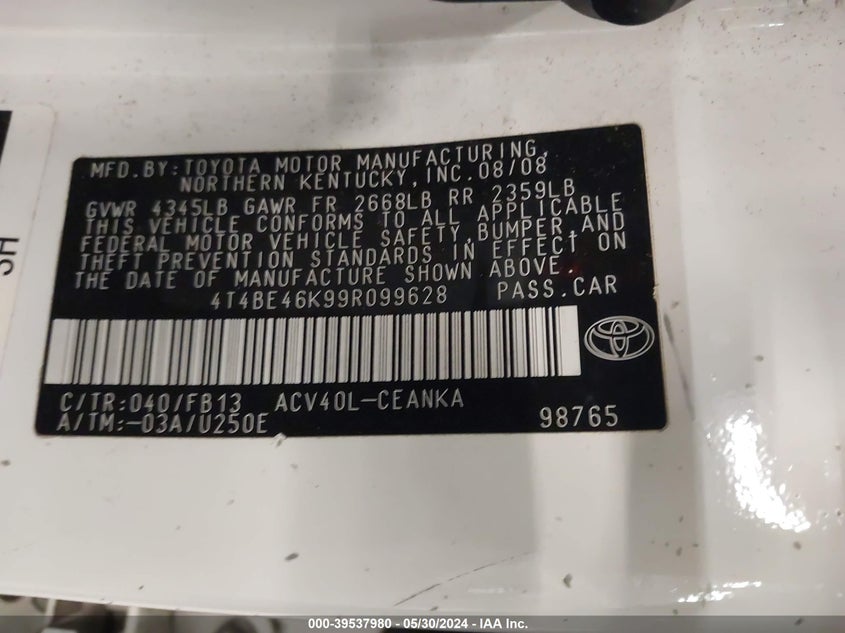 2009 Toyota Camry Le VIN: 4T4BE46K99R09962 Lot: 39537980